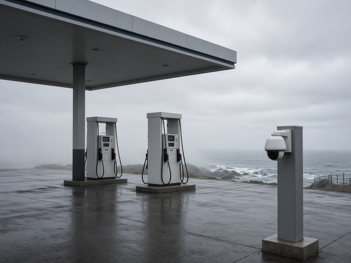 Coastal fuel-station forecourt in salt haze
