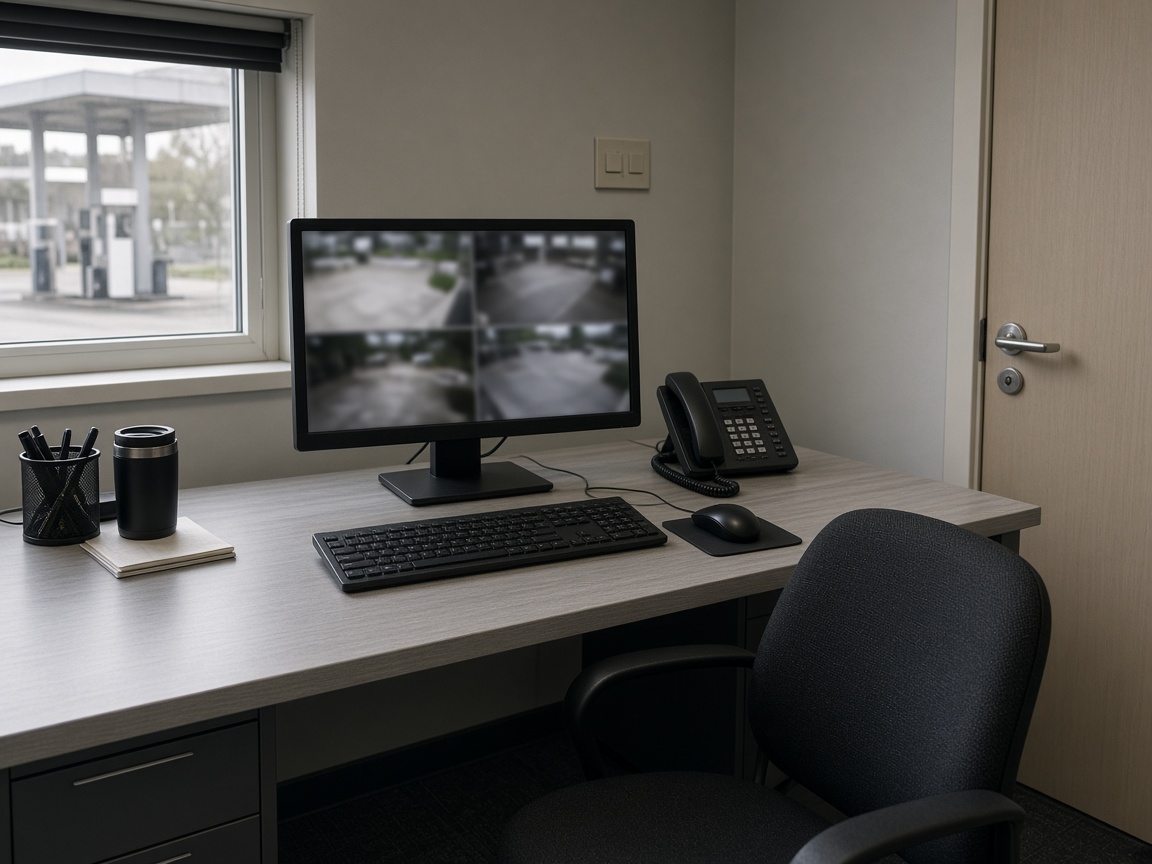 A small station office with one monitor