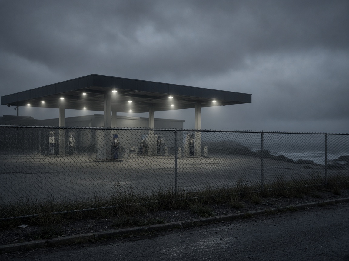 A closed coastal fuel station at night