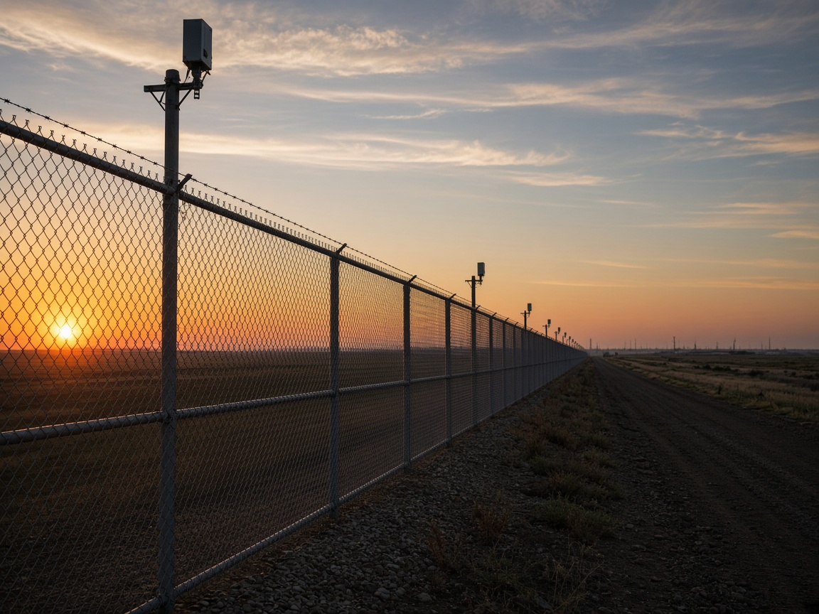 A long oilfield perimeter fence at sunrise