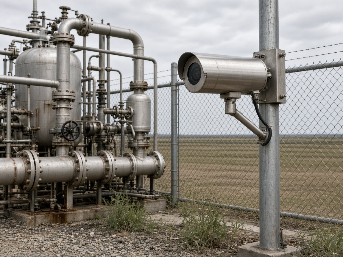 Process pipes at the edge of a fenced oilfield area