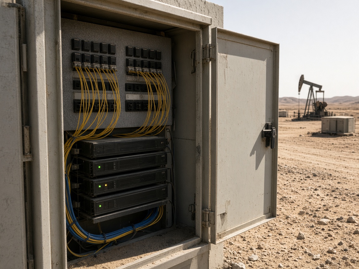 An open fiber cabinet in desert heat beside a well pad