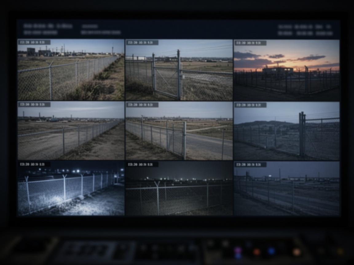 A control-room video wall showing oilfield fence cameras
