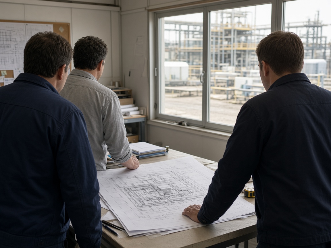 Engineers reviewing oil-site drawings in a site office