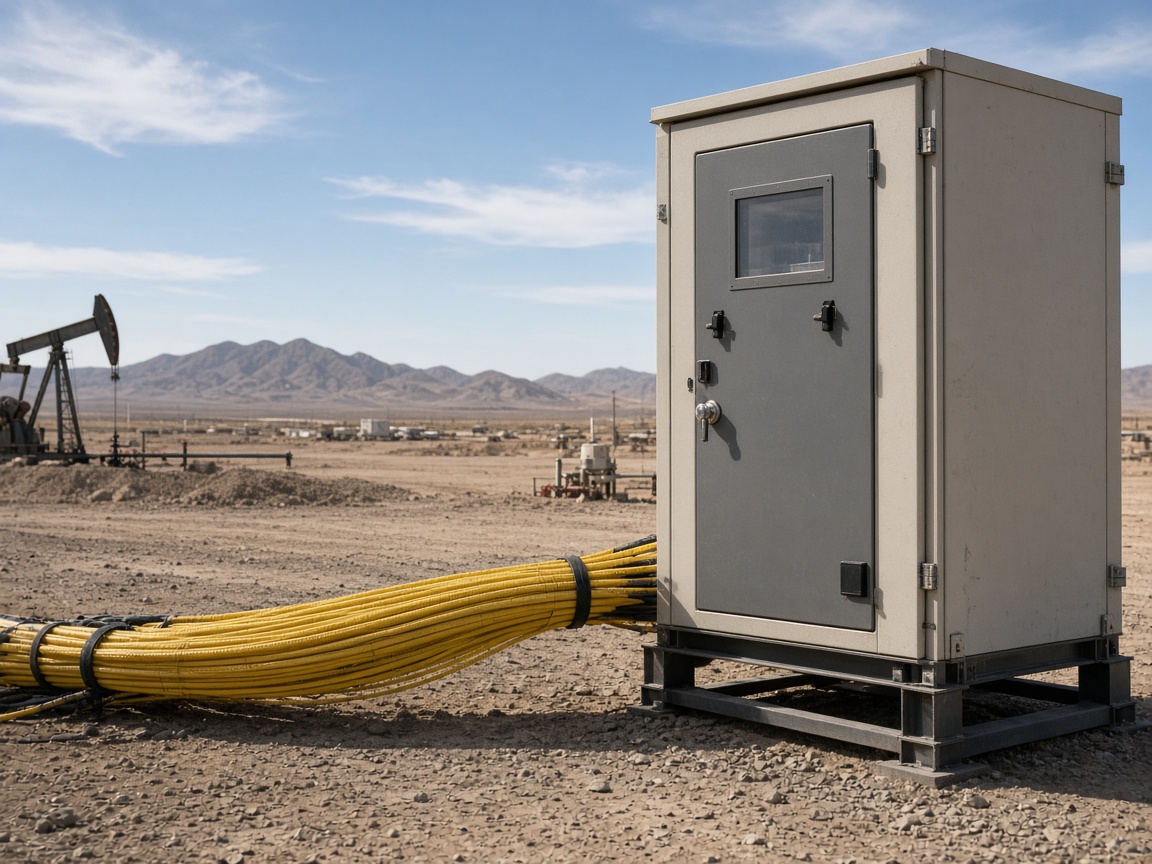 Fiber and an industrial cabinet at a desert oil pad