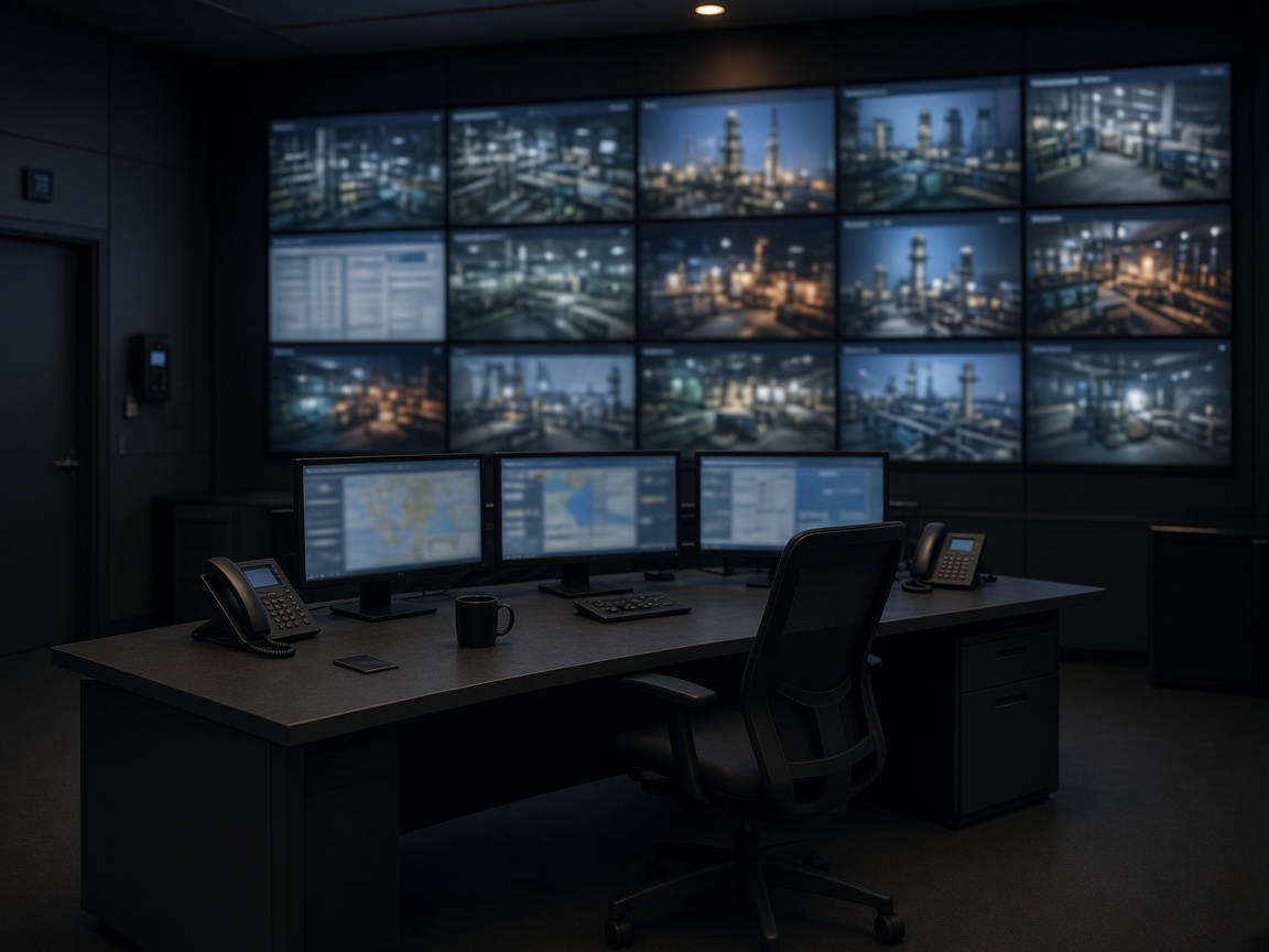 A dark security control room with a video wall
