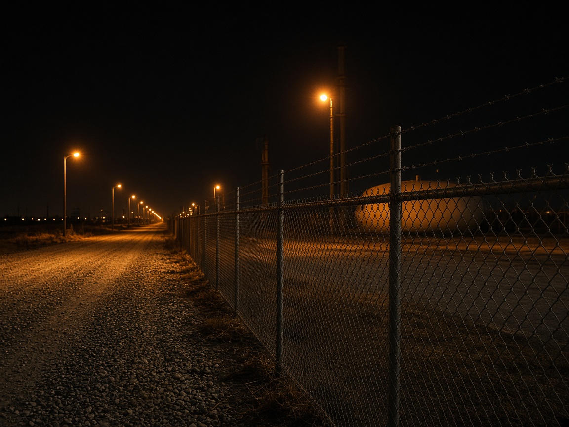 Night view along an oilfield fence from a camera pole
