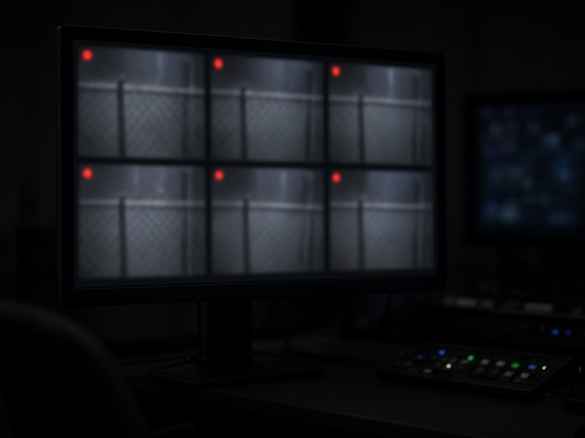 A control-room monitor showing fence camera tiles