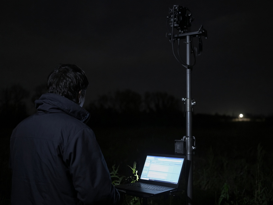 A technician at night beside a field camera pole with a laptop