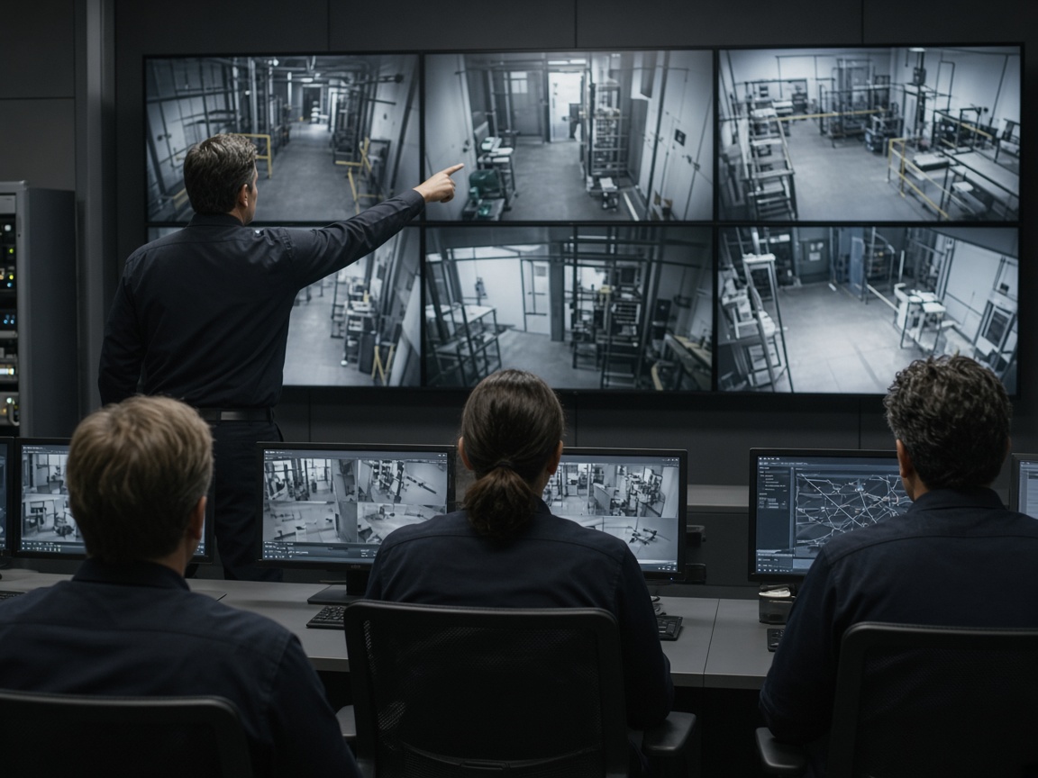Operators seen from behind during training at a video wall