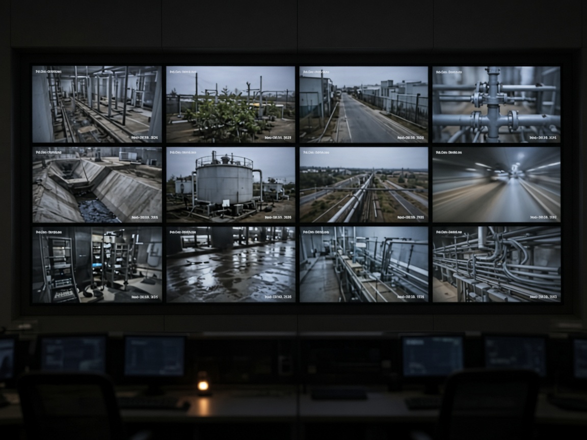 A video wall of industrial camera views in a dark control room