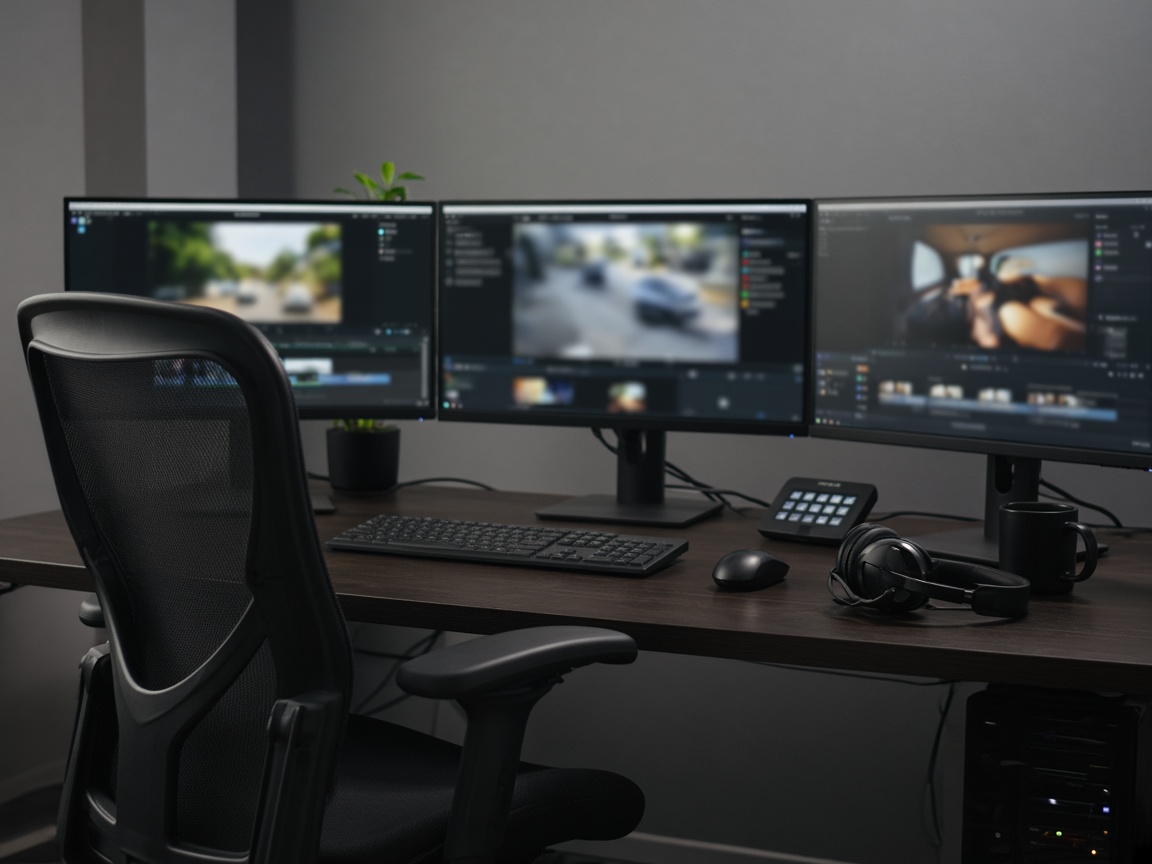 An operator desk with monitors showing camera software