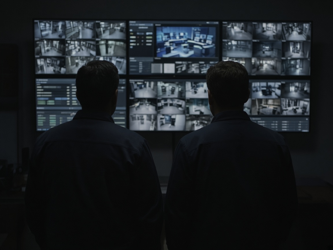 Two operators standing at a video wall during a shift handover