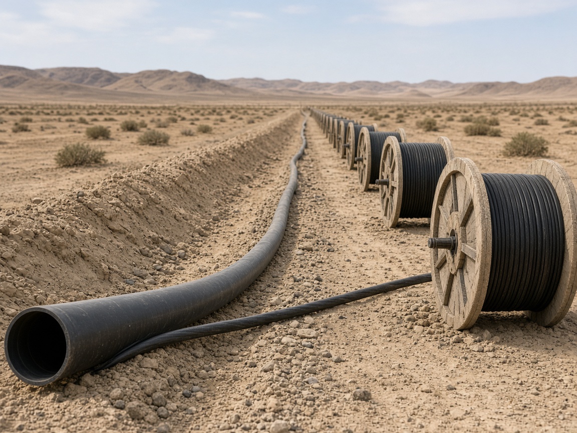Fiber cable laid along a desert pipeline