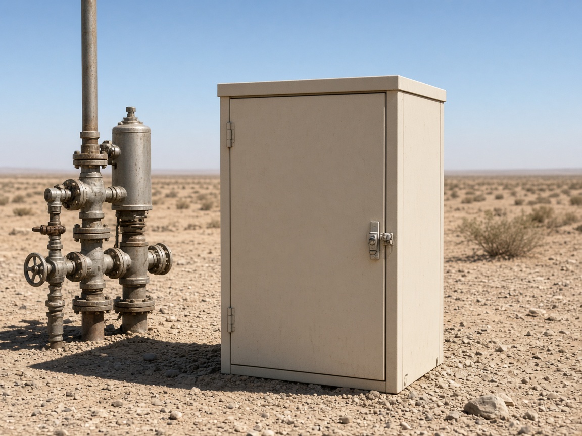 A closed outdoor cabinet in desert sun beside a wellhead