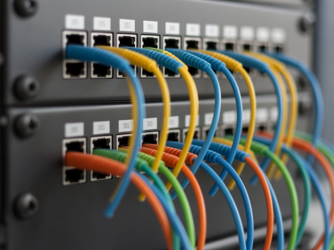 A fiber patch panel with cords and blurred labels