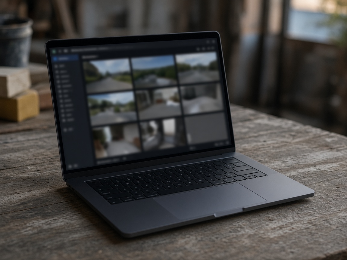 A laptop on a site desk showing a remote camera session