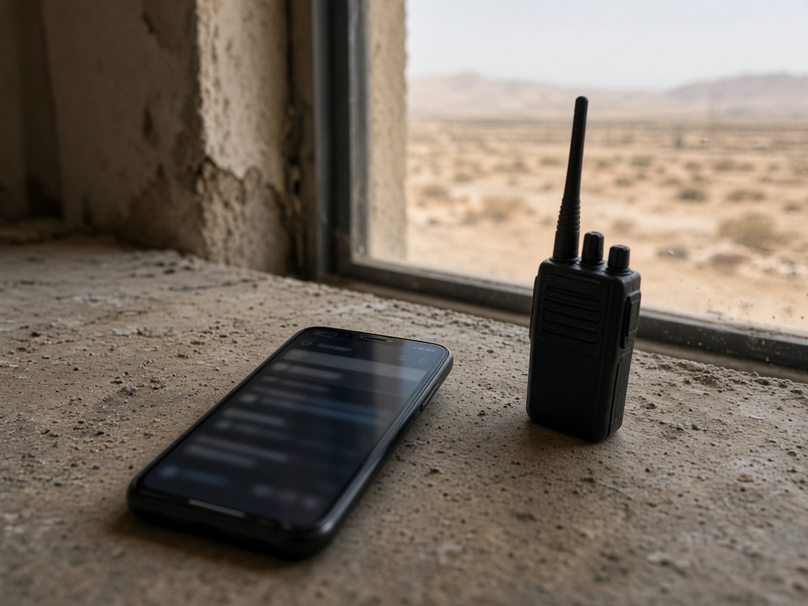 A phone and a radio on a dusty site desk