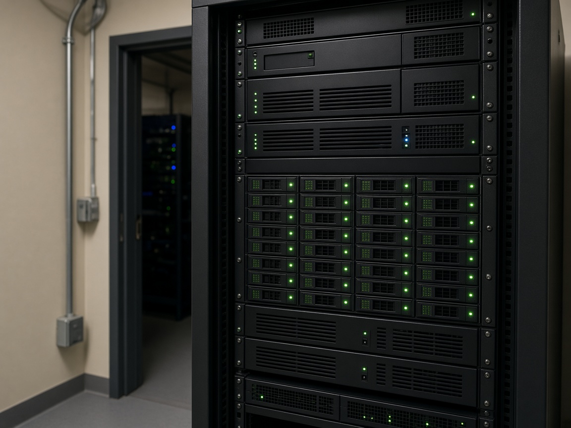 A storage server rack in a small equipment room