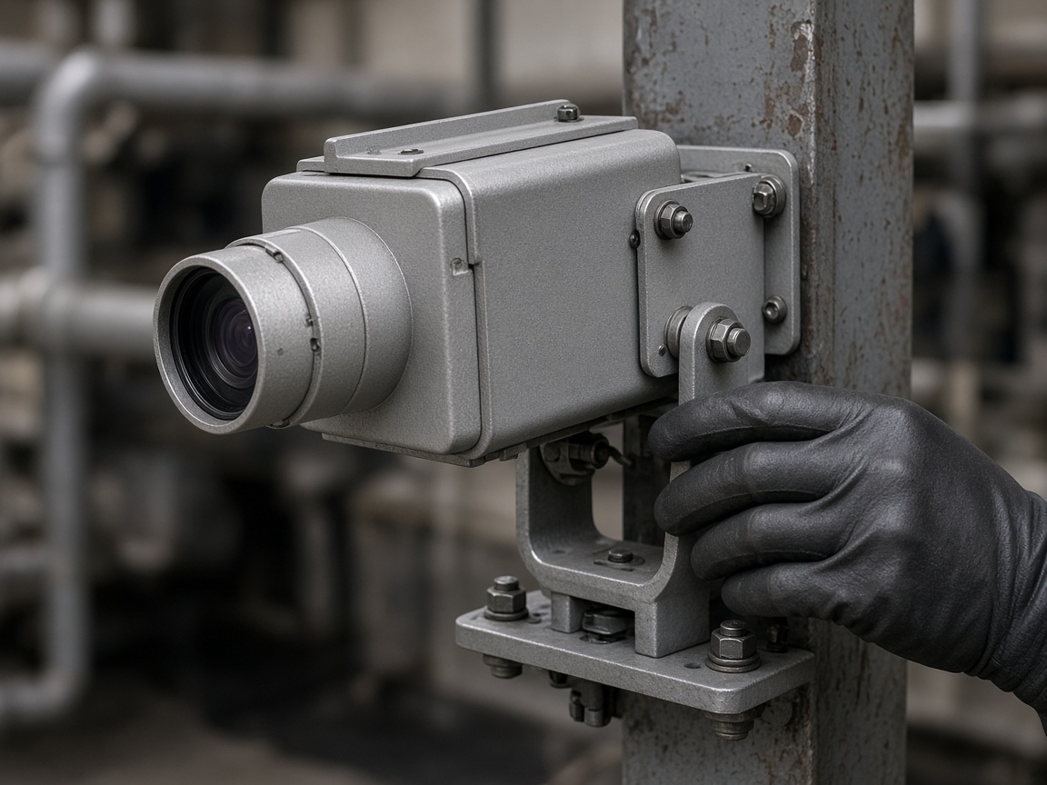 A gloved hand inspecting an unbranded industrial camera housing