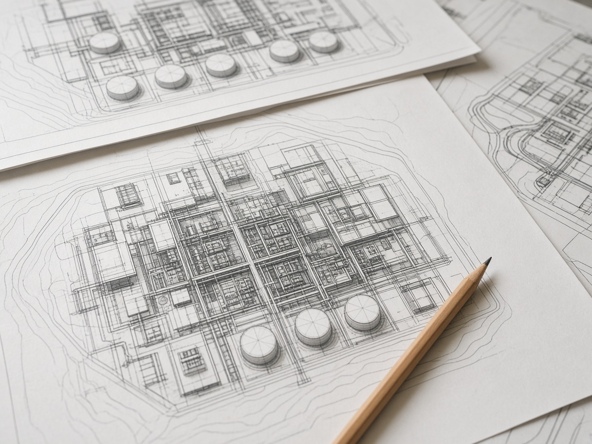 Printed oil-site drawings spread on a table