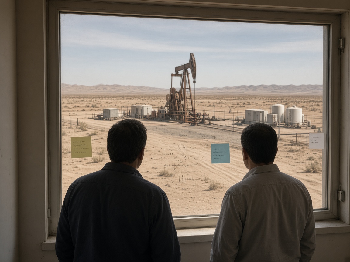 Engineers looking from an office toward a desert well pad